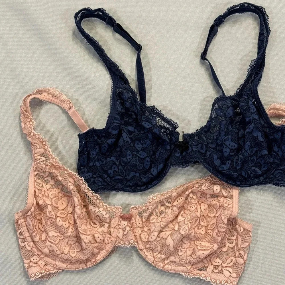 Set of 2! Maidenform Modern Beauty Lace Unlined Demi Bras Navy / Mauve Size 34C